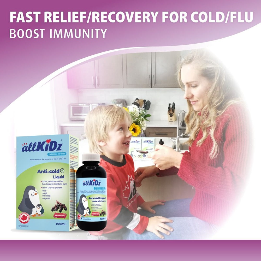 Allkidz Anti-Cold Elderberry Liquid bottle and box, organic elderberry extract for kids, 100 ml