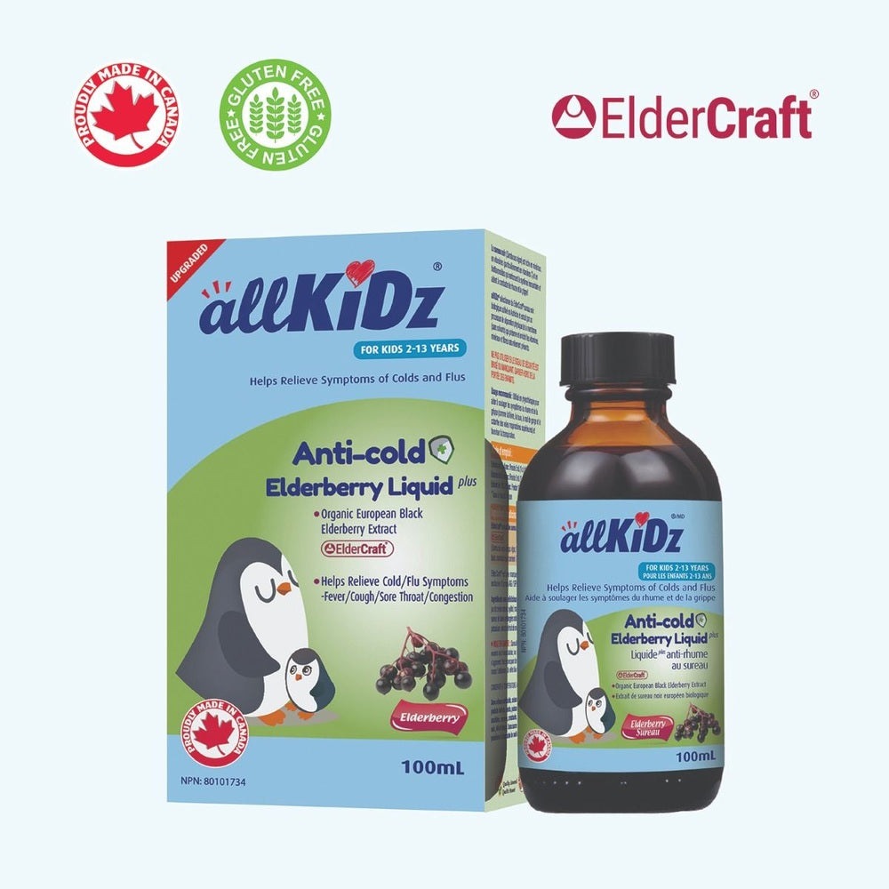 ALLKIDZ Anti-Cold Elderberry Liquid bottle and box, organic elderberry extract, ElderCraft, 100 ml