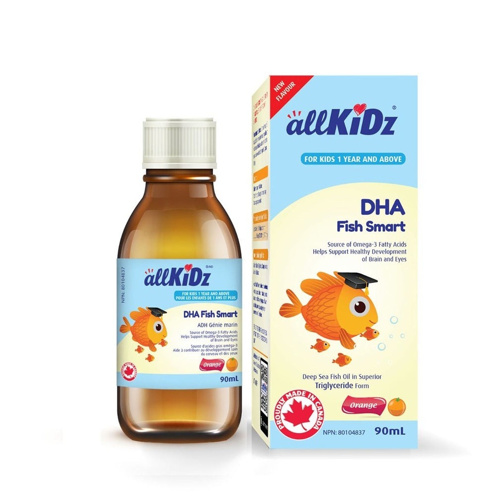 AllKidz DHA Fish Smart 90 mL bottle with orange flavor and matching box for kids 1 year and above