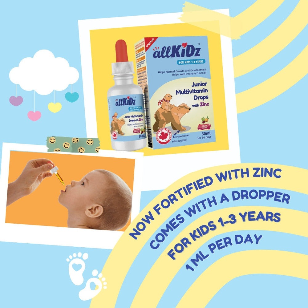Allkidz Junior Multivitamin Drops with Zinc bottle and matching box, blue label, kid-friendly packaging
