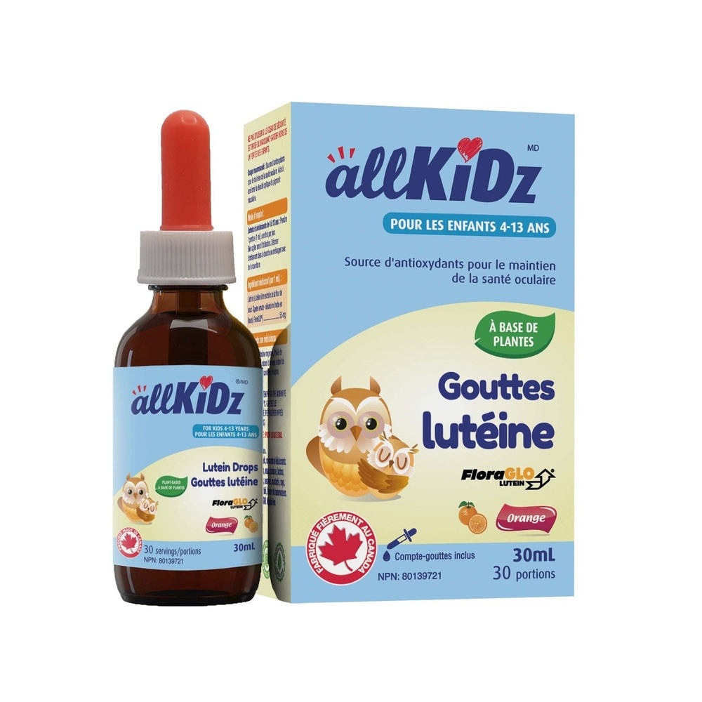 Allkidz Lutein Drops 30 ml bottle with dropper for kids, eye health support, orange flavor.
