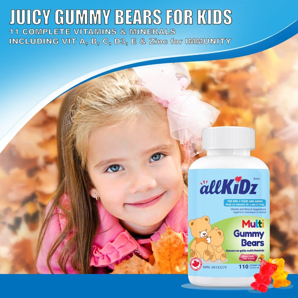 AllKidz Multi Gummy Bears 110s bottle for kids, blue label with bears, smiling girl with autumn leaves