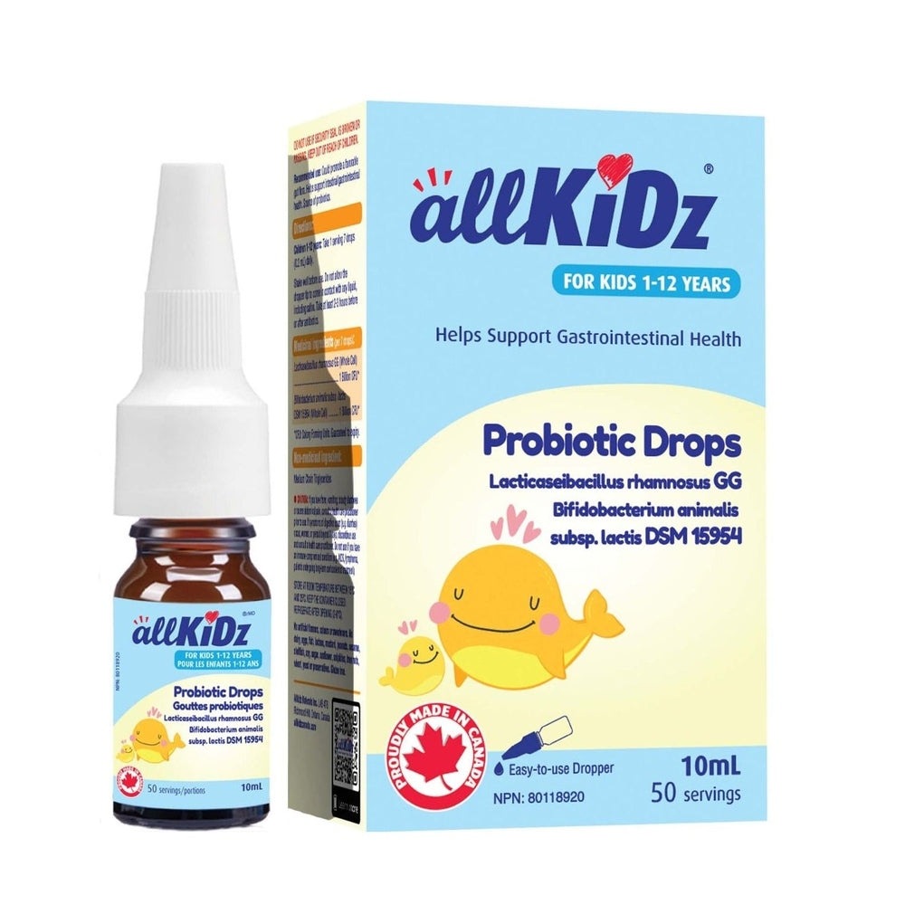 AllKidz Probiotic Drops bottle 10 ml with blue kid-friendly packaging and yellow fish image; supports gastrointestinal health.
