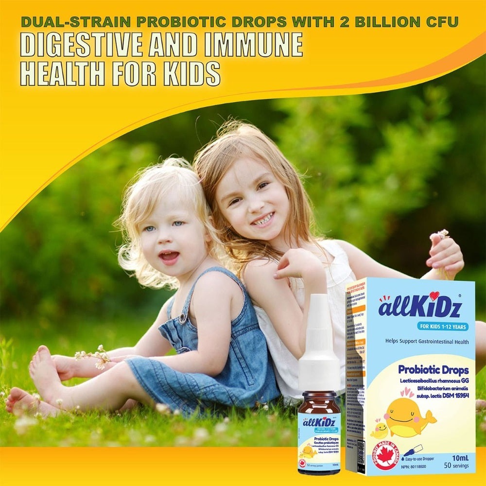 AllKIDz Probiotic Drops 10 ml for kids; box and dropper bottle with two smiling children