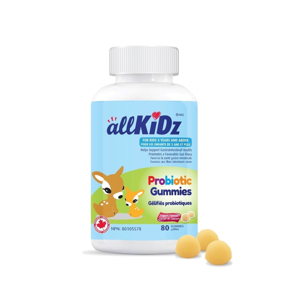 Allkidz Probiotic Gummies bottle, 80 yogurt-flavored gummies, blue label