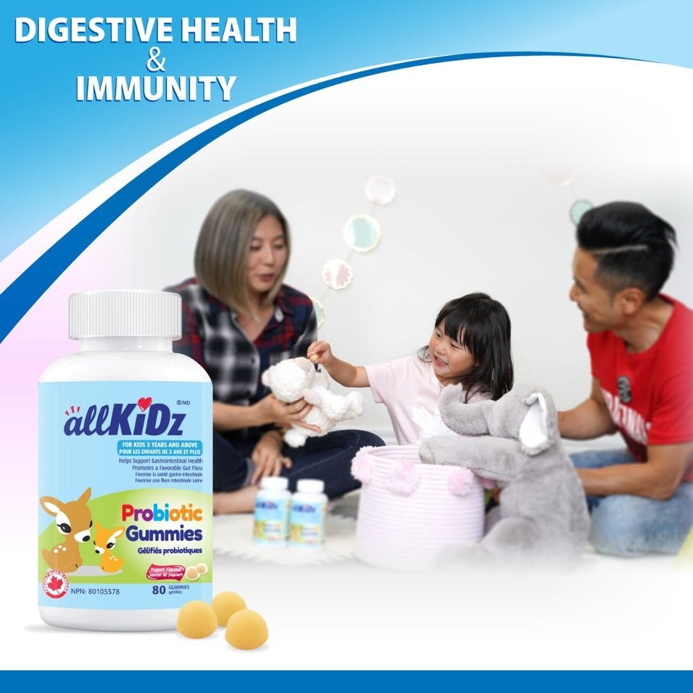 AllKidz Probiotic Gummies 80S bottle with kids playing in the background; colorful label.