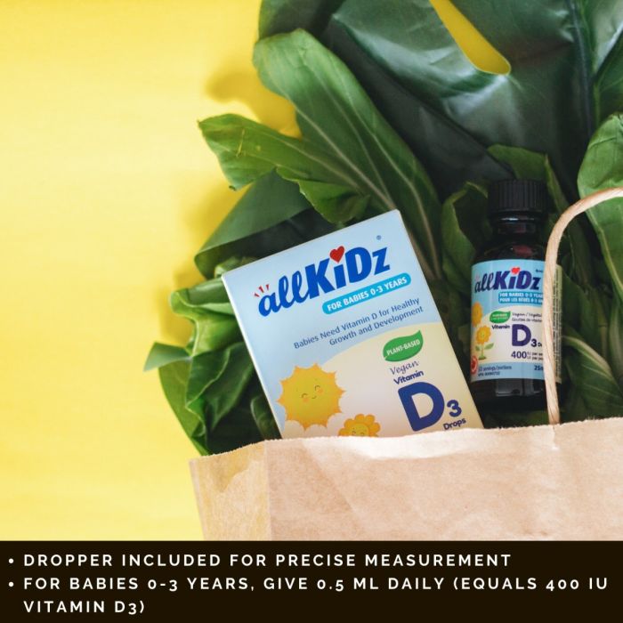 AllKidz vegan Vitamin D3 Drops (400 IU, 25 ml) with box in a paper bag