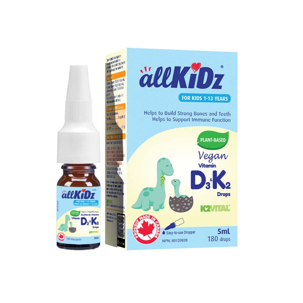 AllKidz vegan Vitamin D3 & K2 drops, 5 ml bottle beside blue carton packaging.