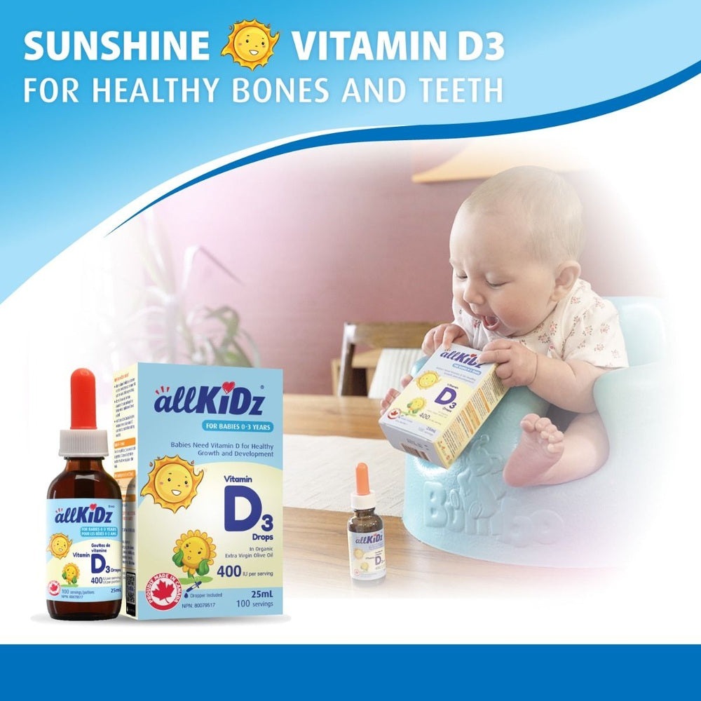 ALLKIDZ Vitamin D3 Drops 400 IU, 25 ml bottle and box shown with baby in high chair