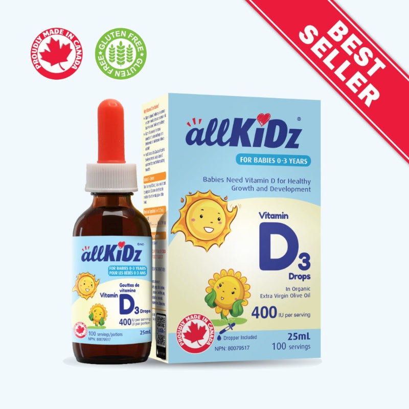 AllKIDz Vitamin D3 Drops bottle and box, 25 mL, 400 IU, for babies 0-3 years