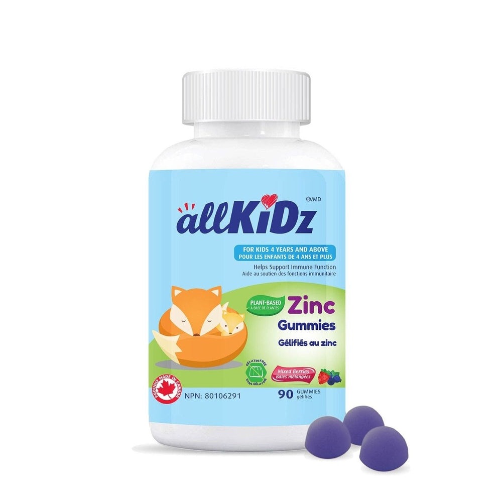 AllKidz Zinc Gummies bottle with purple gummies, 90 count for kids health supplement