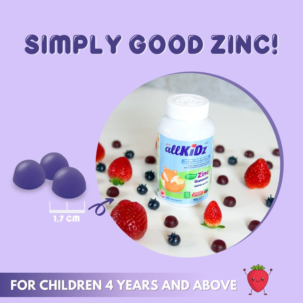 AllKidz Zinc Gummies bottle (90s) surrounded by berries; kid-friendly vitamin supplement