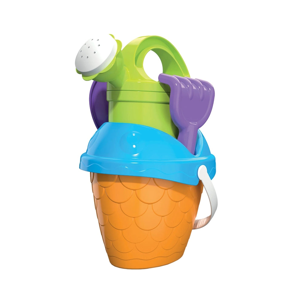Androni Giocattoli fish beach bucket set; four-piece includes orange scallop-pattern bucket, blue lid, green watering can, purple rake