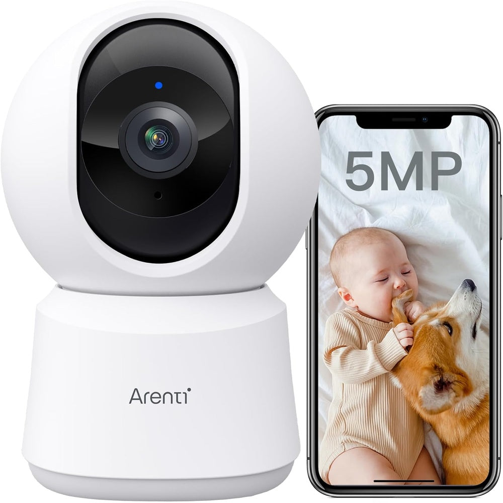 ARENTI white indoor security camera with 3K/5MP sensor and live mobile preview on phone