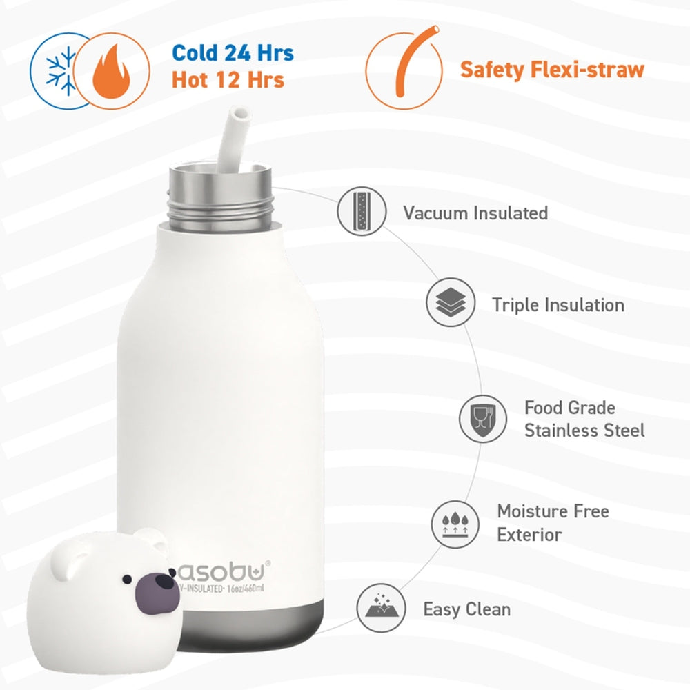 Asobu Bestie Animal Double Wall Stainless Steel Bottle 16oz Bear with straw, cap off beside bottle.