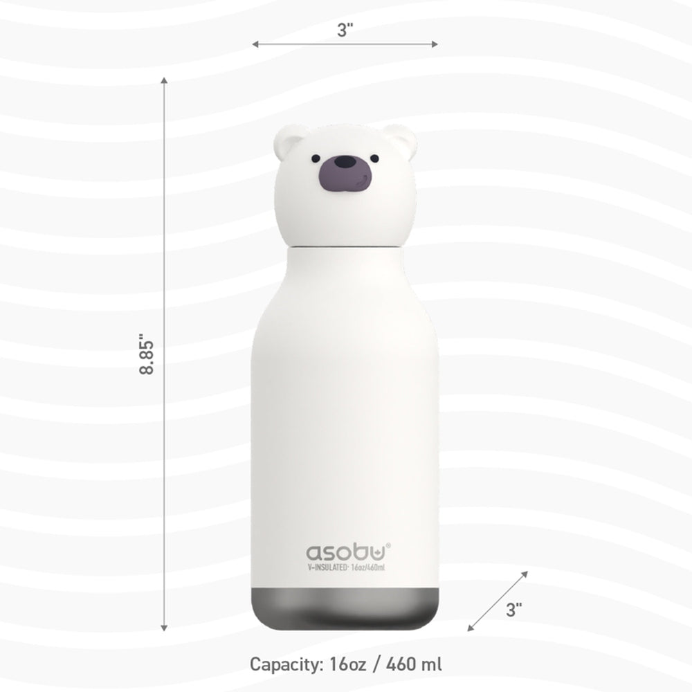 Asobu Bestie Bear 16oz double-wall stainless water bottle standing upright with white body and bear head lid.