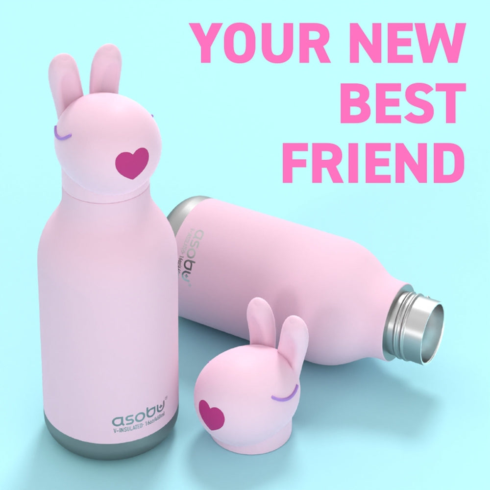 Asobu Bestie Animal Double Wall Stainless Steel Bottle 16oz Bunny, pastel pink with heart; standing bottle with bunny-cap on beside cap-off.