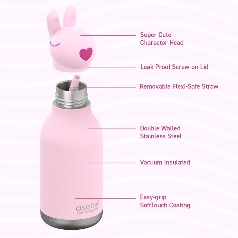 Asobu Bestie Animal 16oz Bunny bottle, pink double-wall stainless steel with leak-proof cap and removable straw.