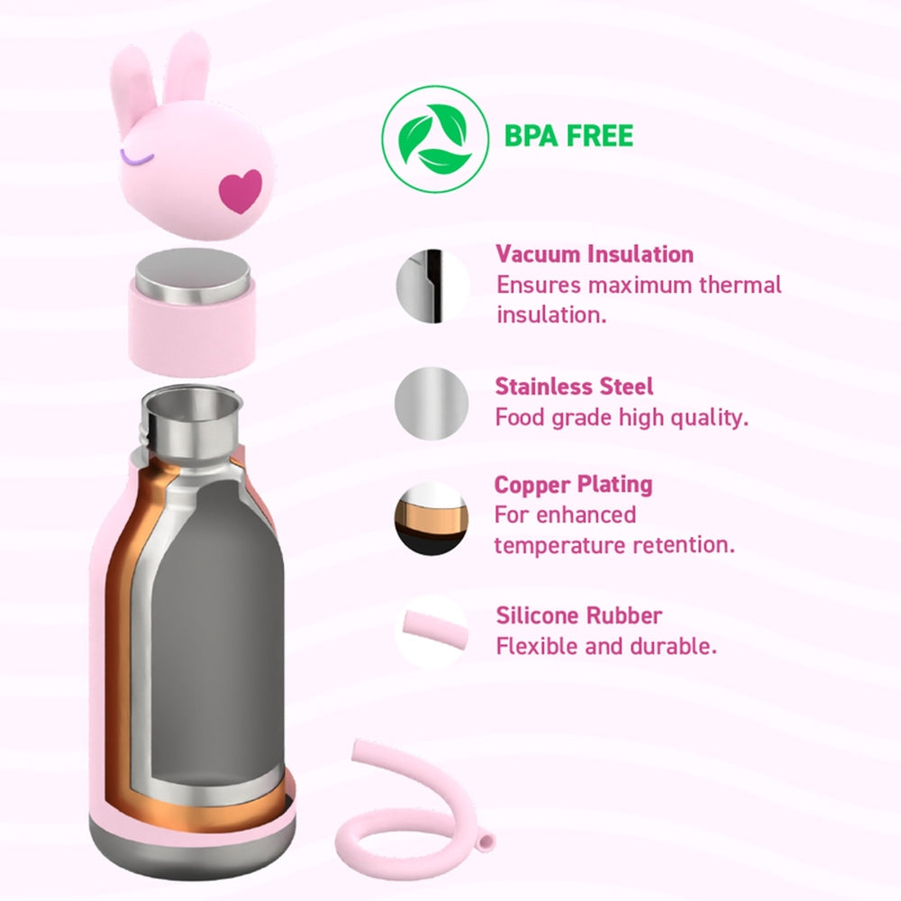 Asobu Bestie Animal Double Wall Stainless Steel Bottle 16oz Bunny in pink, showing vacuum insulation and open lid.