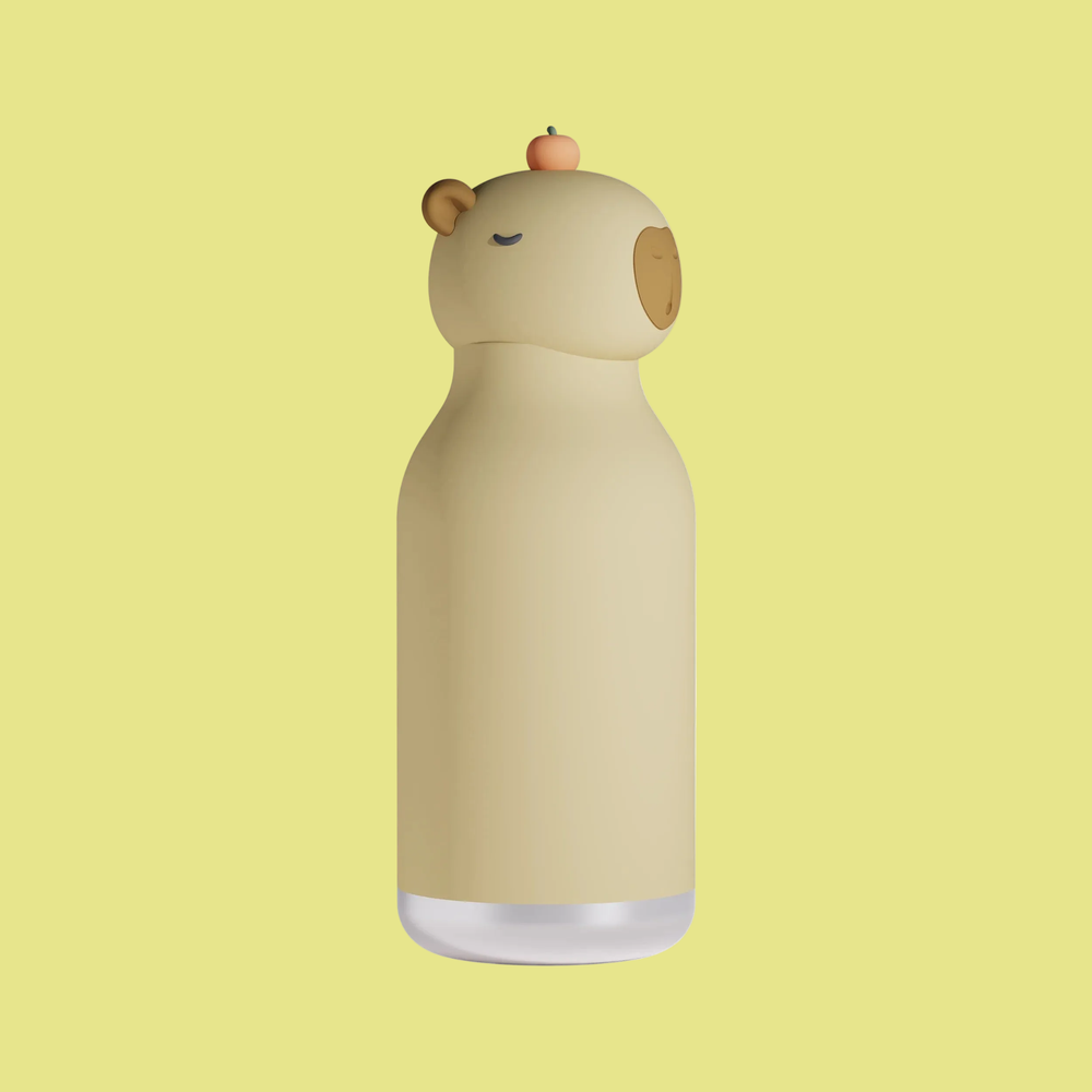 Cute beige capybara-shaped insulated water bottle on a yellow background