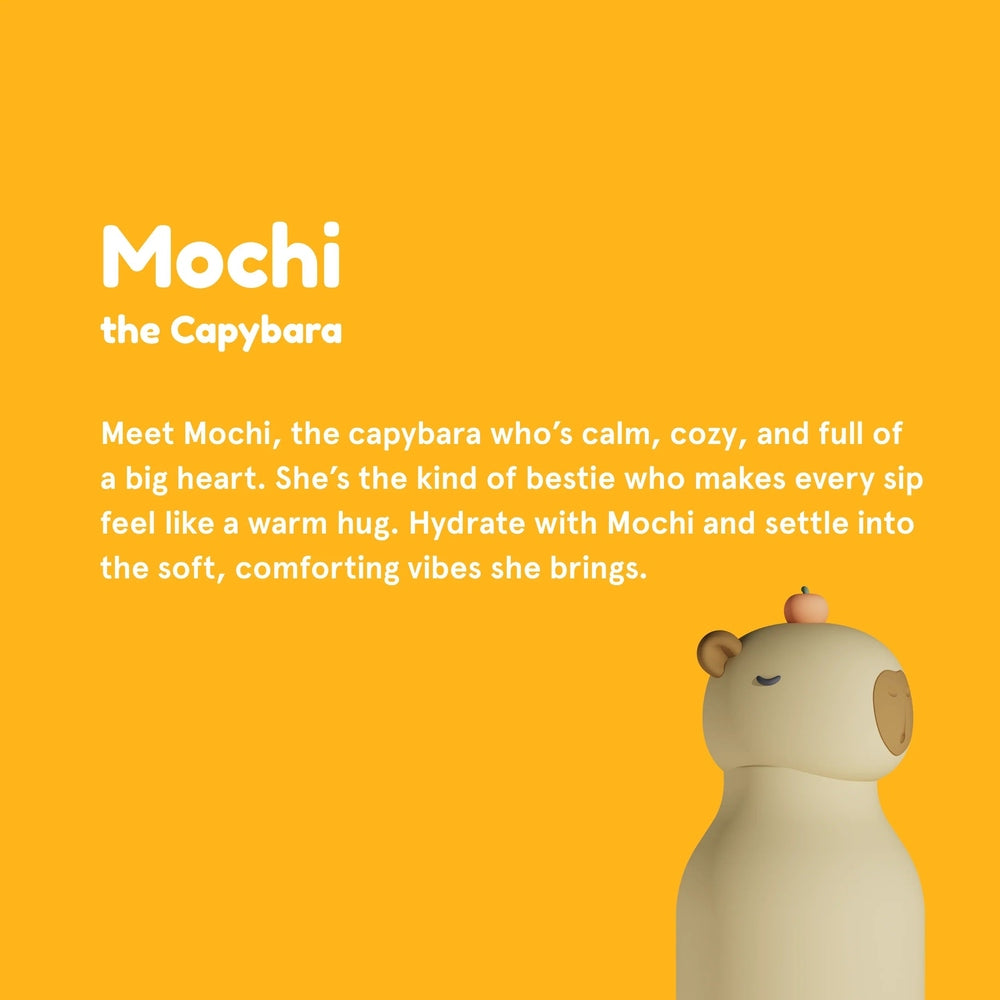 Mochi the Capybara character graphic with a capybara-shaped bottle on a yellow background