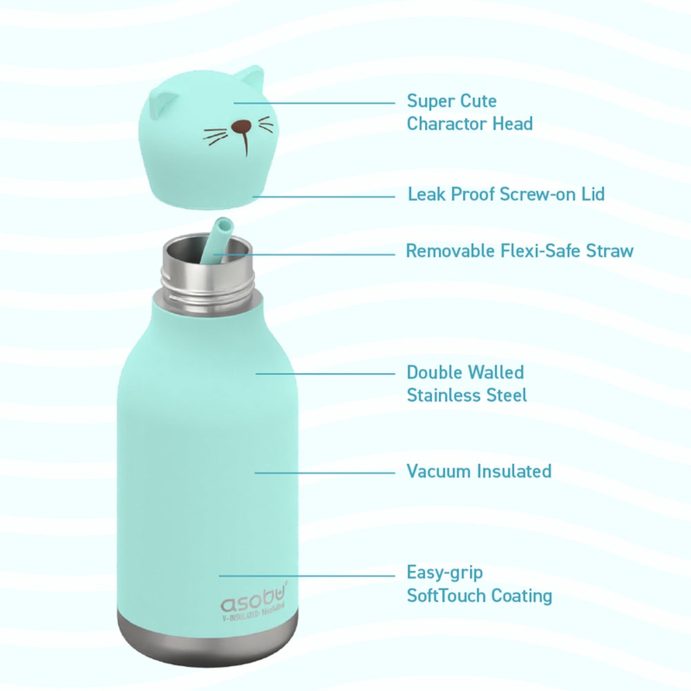 ASOBU Bestie Animal 16oz Cat bottle with leak-proof lid and removable straw, showing vacuum-insulated double wall.