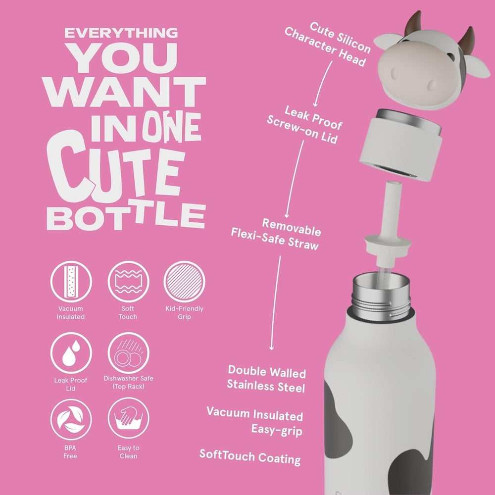 Asobu Bestie Animal 16oz Cow stainless steel bottle, vacuum insulated with leakproof lid and easy-grip