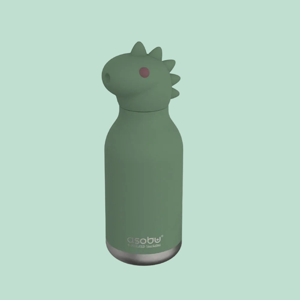 ASOBU Bestie Animal Double Wall Stainless Steel Bottle 16oz Dinosaur stands upright with a dinosaur-shaped lid, green finish.