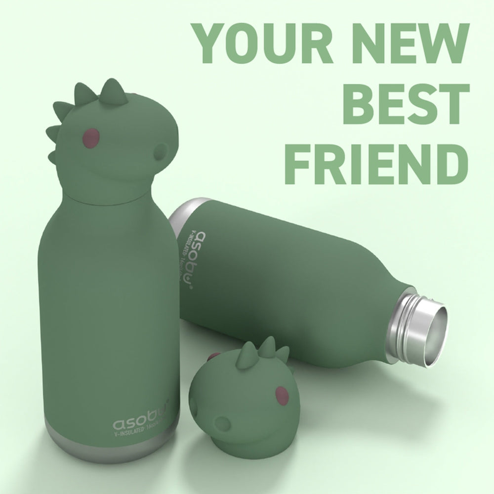 ASOBU Bestie Animal Double Wall Stainless Steel Bottle 16oz Dinosaur, green insulated bottle with cap removed beside.