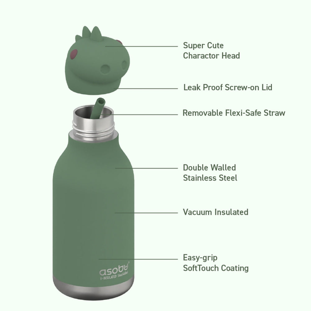 Asobu Bestie Animal Double Wall Stainless Steel Bottle 16oz Dinosaur with leak-proof lid and removable straw, easy-grip coating.