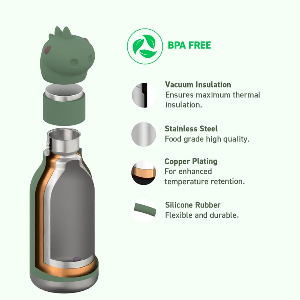 ASOBU Bestie Dinosaur 16oz double-wall stainless bottle shown with dinosaur cap removed to reveal insulated interior.