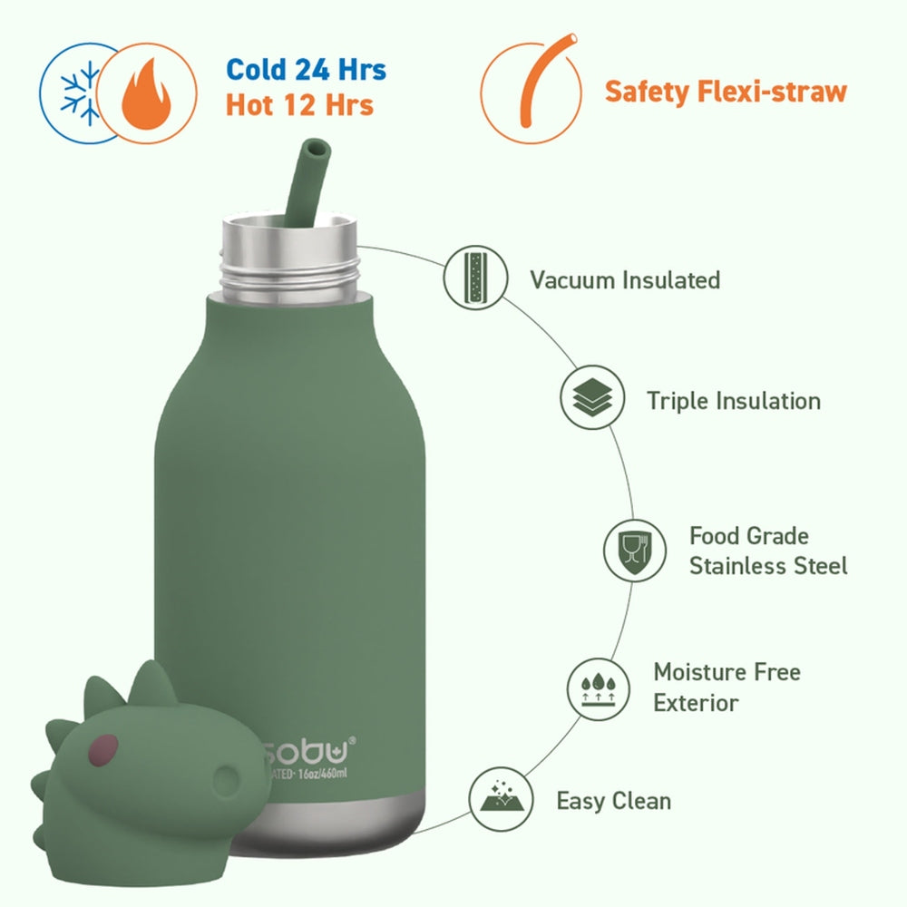 Asobu Bestie Animal 16oz Dinosaur bottle, green with straw, vacuum insulated stainless steel, easy to clean.