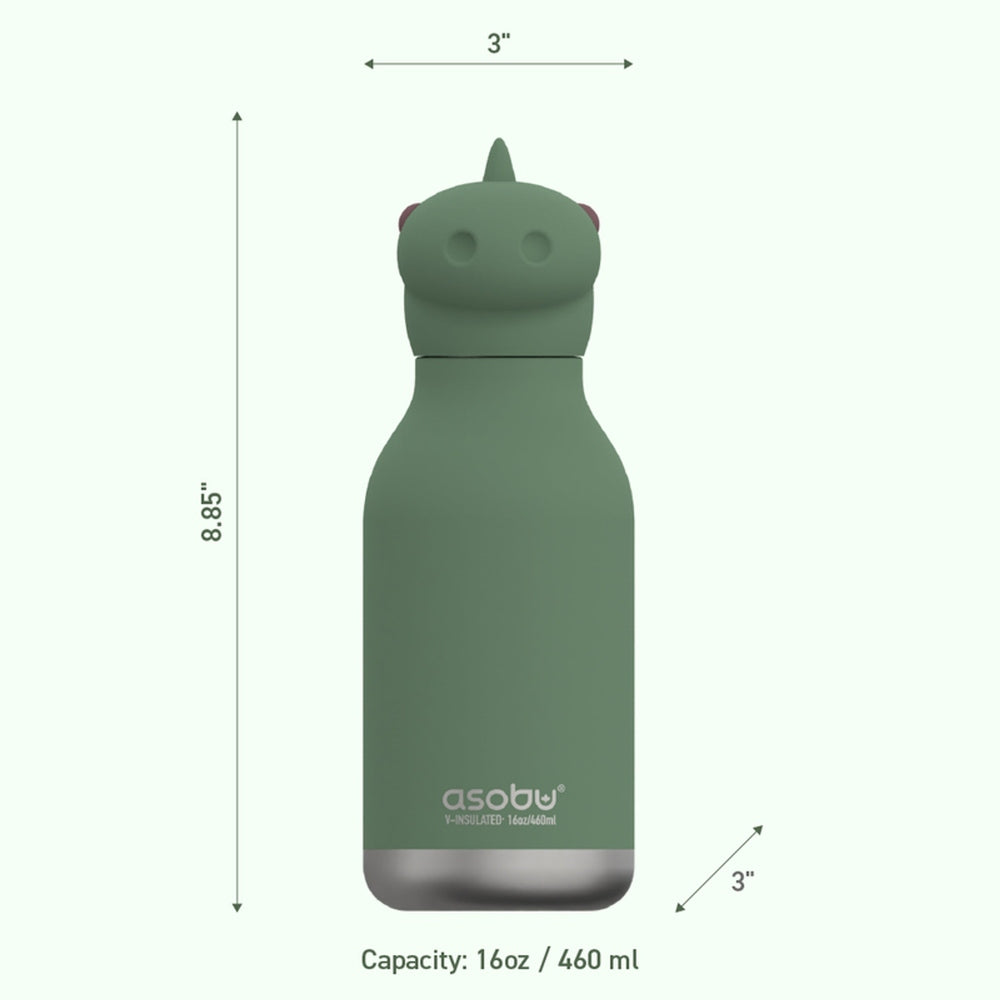 ASOBU Bestie Dinosaur 16oz stainless steel bottle, green double-wall insulated, lid securely attached on upright bottle.