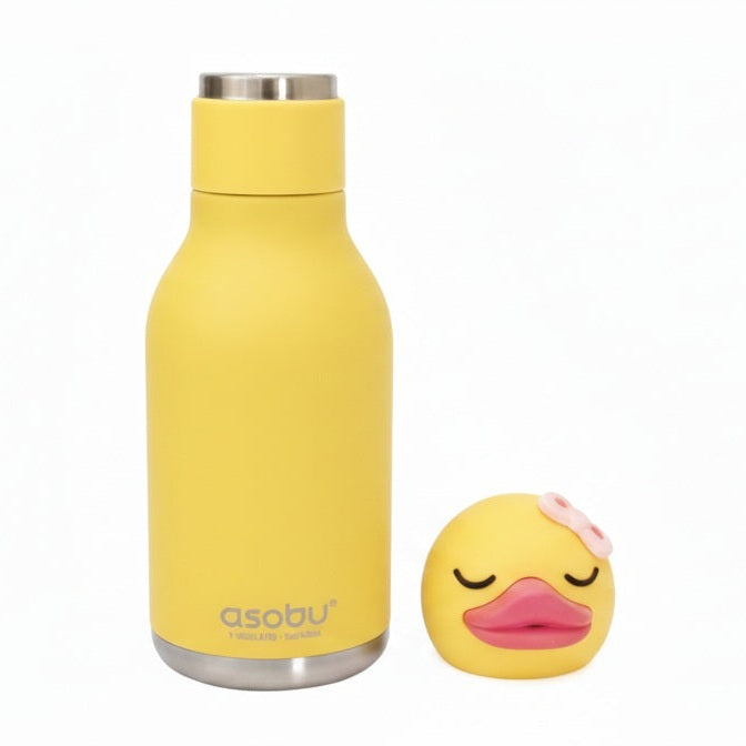 ASOBU Bestie Animal 16oz double-wall stainless steel bottle in yellow, shown with a yellow ducky toy beside it.