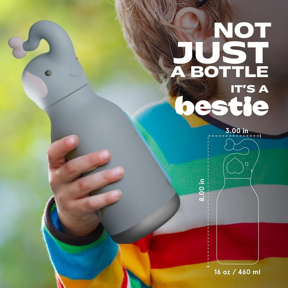 Asobu Bestie Animal Double Wall Stainless Steel Bottle 16oz Elephant held by a child, shows 16 oz/460 ml color.