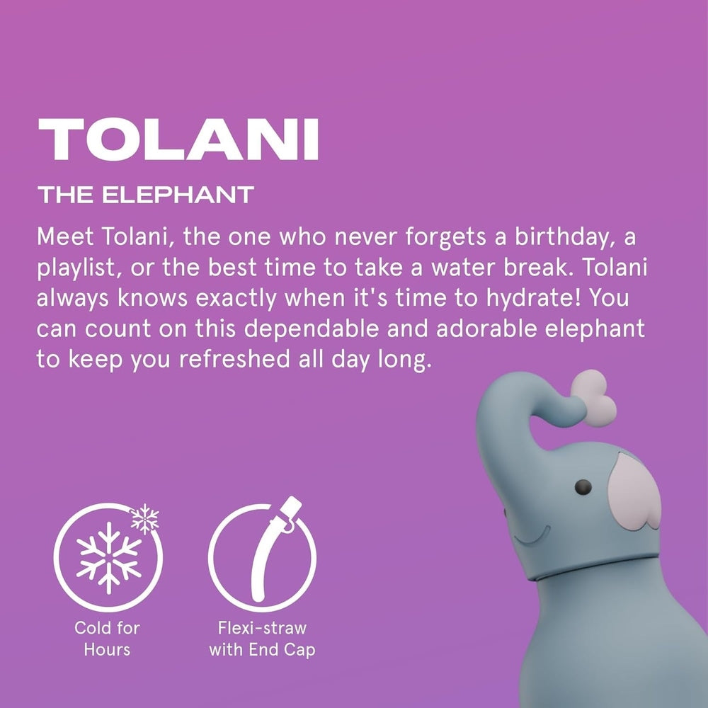 ASOBU Bestie Animal 16oz Elephant bottle on purple background with cold-for-hours icon and flexi-straw end cap.