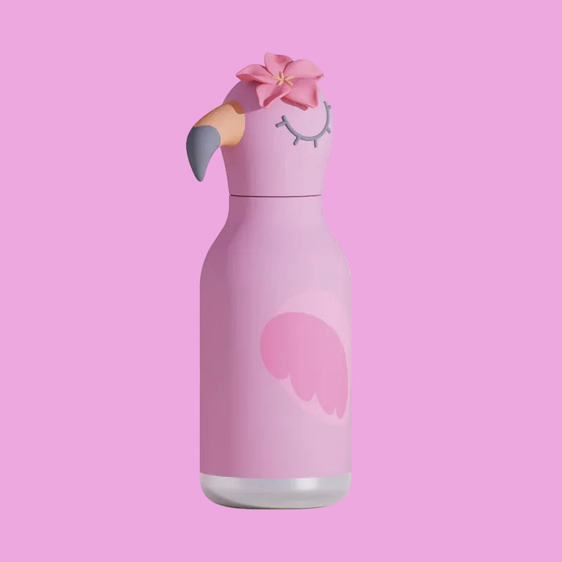 Pink parrot-shaped water bottle with a flower on a pink background