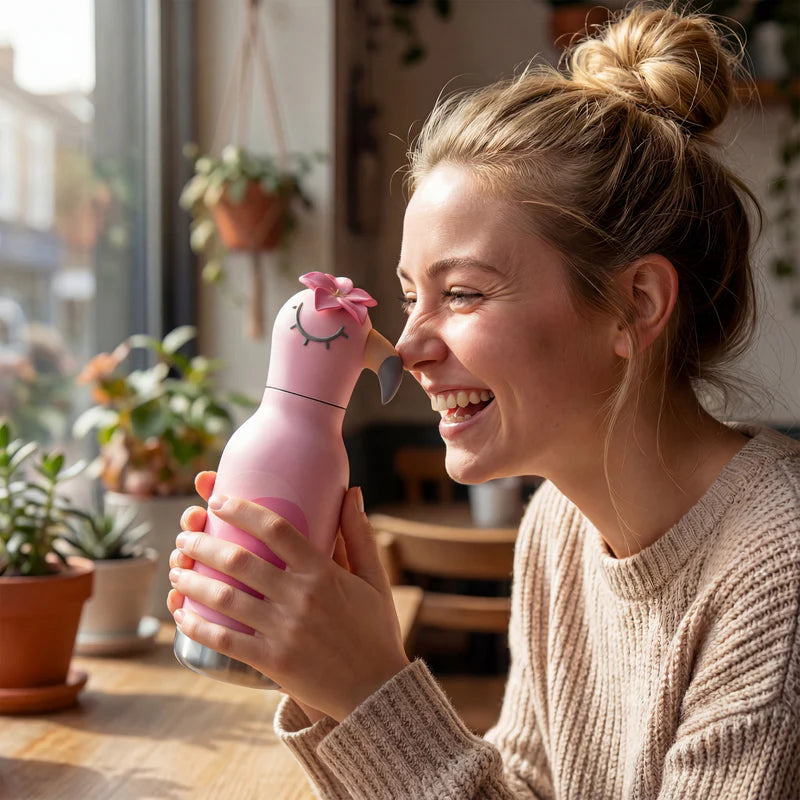Side view of pink flamingo character bottle with gray beak and flower, held in hand.