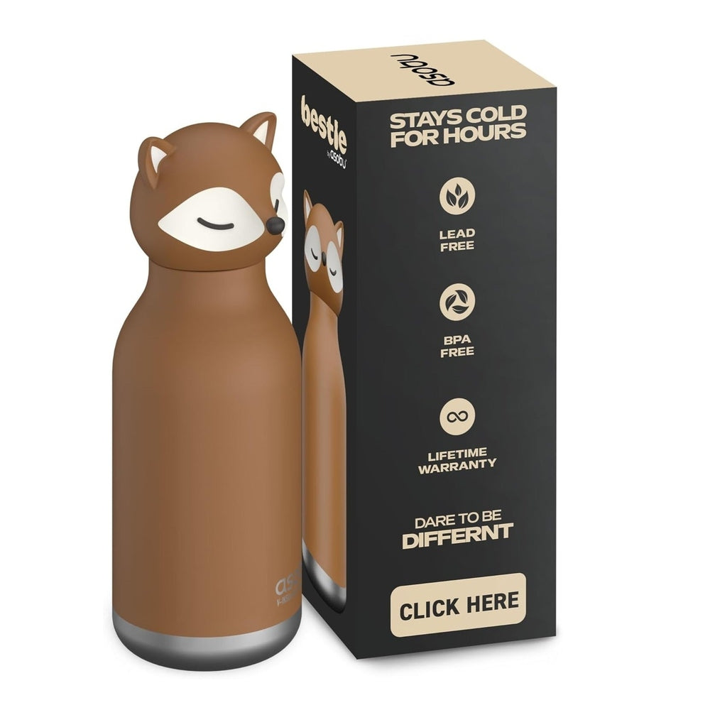 Asobu Bestie Animal Double Wall Stainless Steel Bottle 16oz Fox with brown fox lid, BPA/lead-free and lifetime warranty.