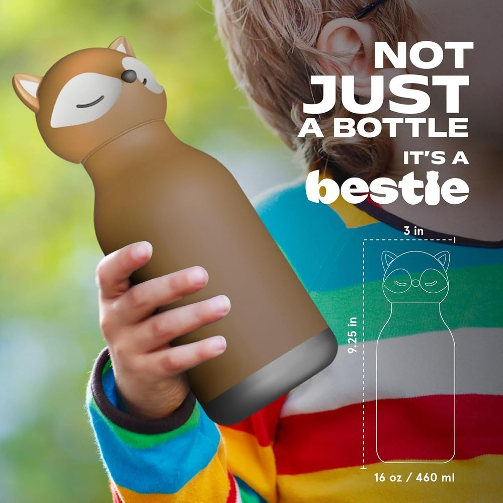 Asobu Bestie Animal Double Wall Stainless Steel Bottle 16oz Fox held by a child to show portable 16 oz size