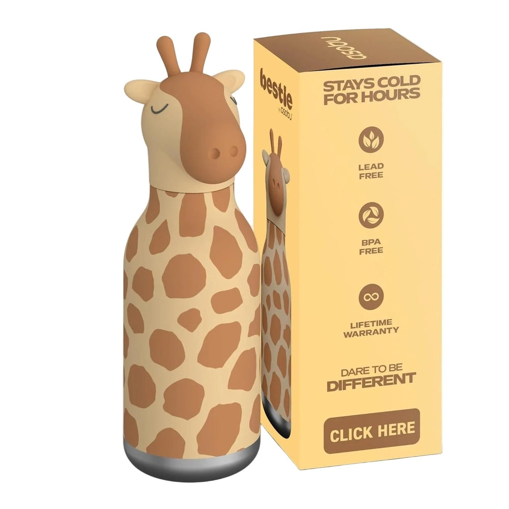 Giraffe-patterned water bottle with packaging on a white background