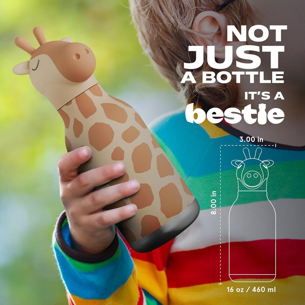 Asobu Bestie Animal Double Wall Stainless Steel Bottle 16oz held by a child, giraffe print bottle with colorful shirt.
