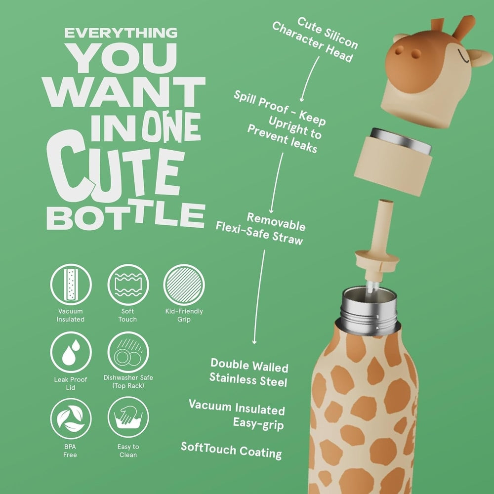 Asobu Bestie Animal Double Wall Stainless Steel Bottle 16oz with giraffe print, vacuum insulated, leak-proof lid, removable straw.