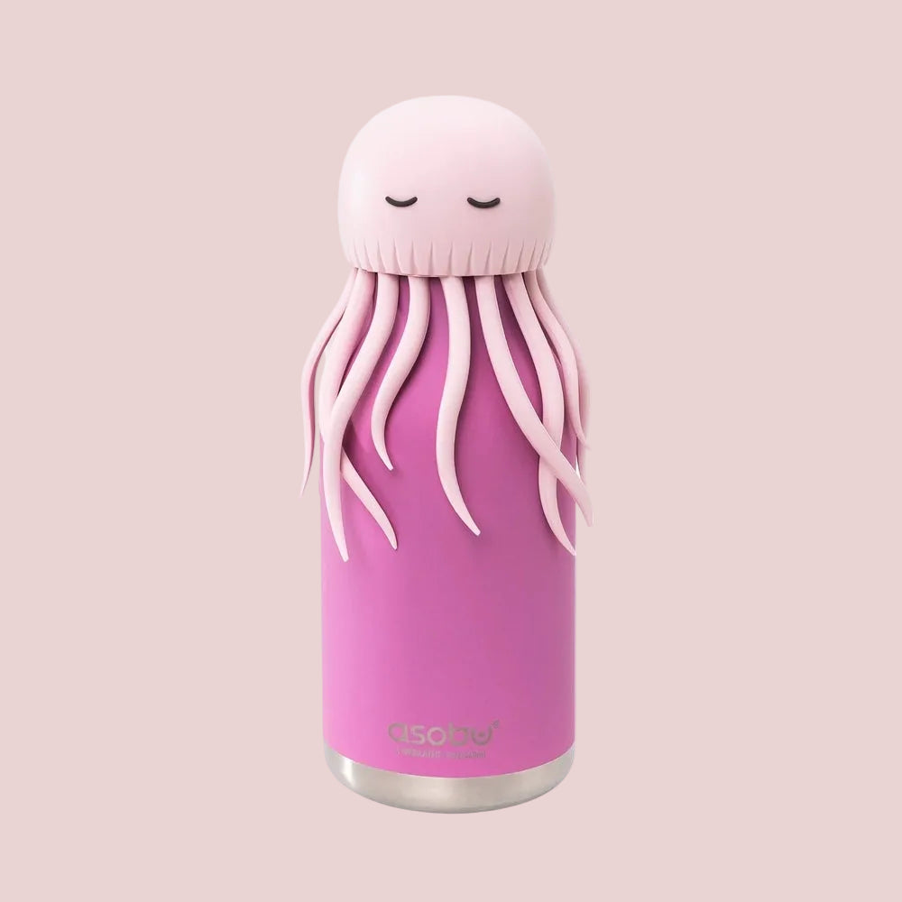 Pink jellyfish-cap stainless steel water bottle, 16oz, with pale pink silicone tentacles.