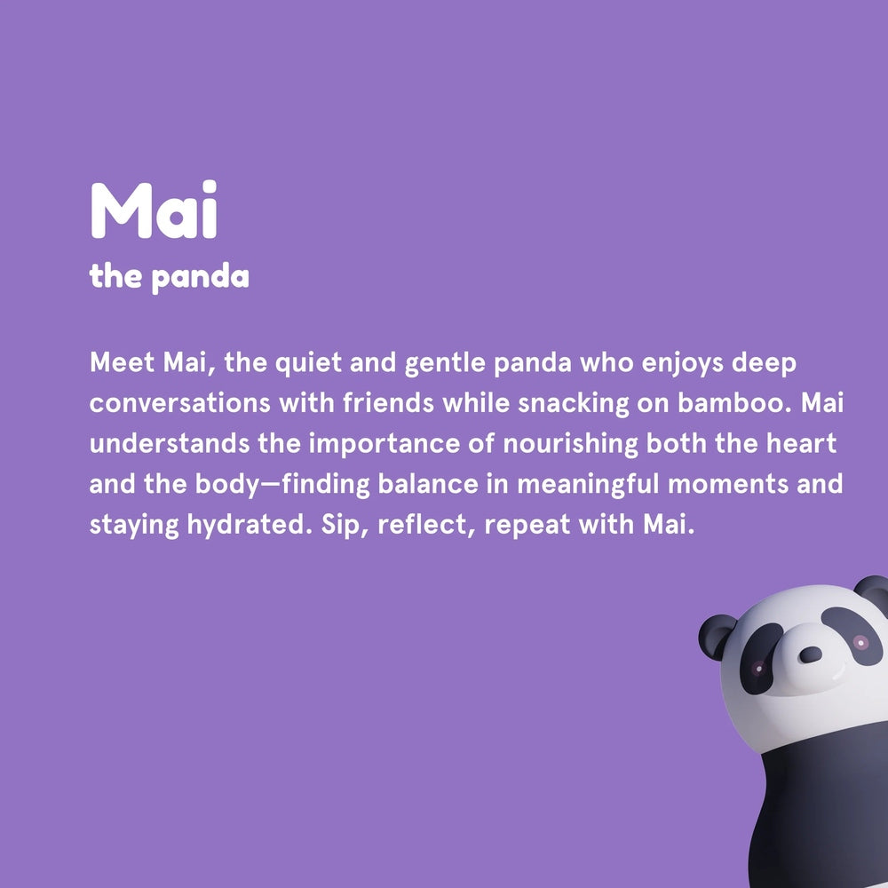 Asobu Bestie Animal Panda 16oz stainless steel bottle on purple background with a cute panda illustration