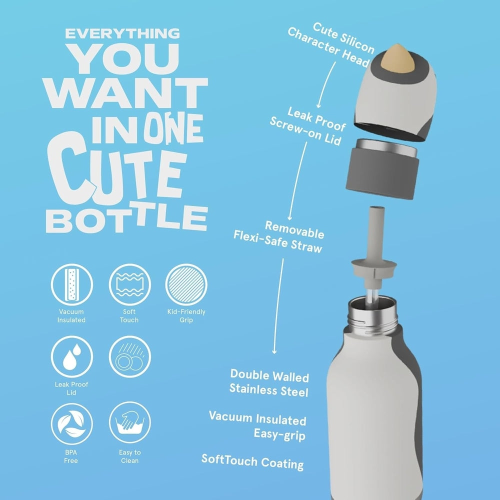 ASOBU Bestie Animal 16oz Penguin bottle; double-wall stainless, vacuum insulated, leak-proof lid, soft-touch grip
