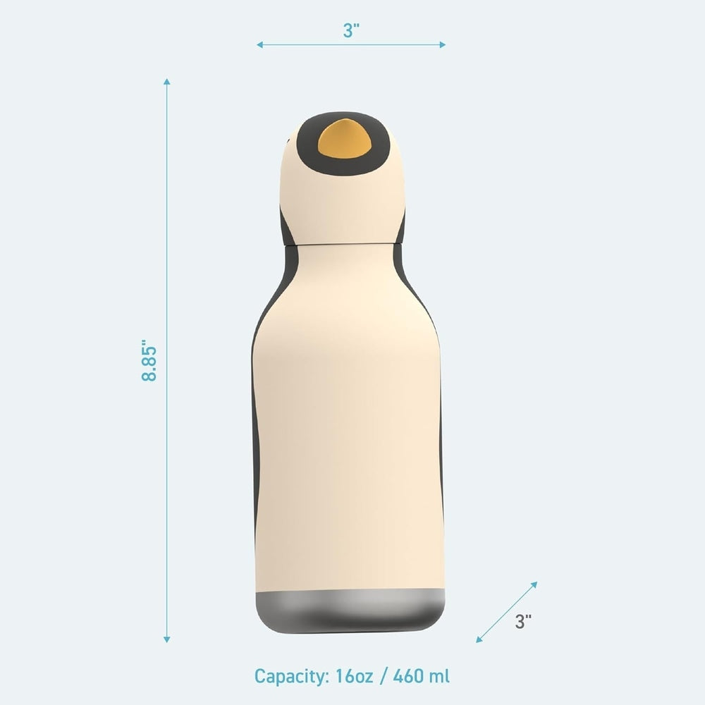 Asobu Bestie Animal Double Wall Stainless Steel Bottle 16oz Penguin, beige with black trim, standing upright to show size