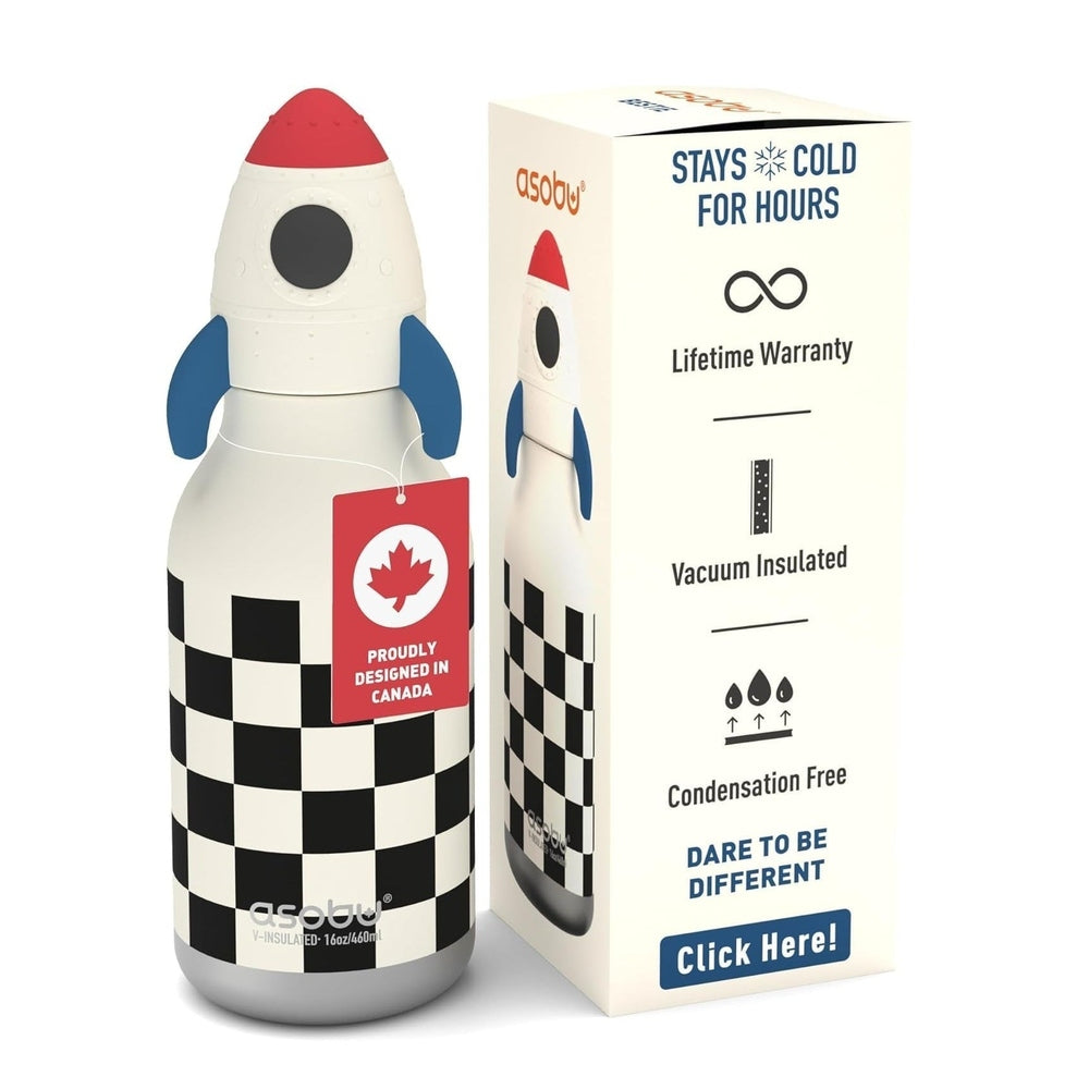 ASOBU Bestie Animal 16oz Rocket Checker bottle, double-wall stainless steel with black-and-white checker design, tag attached.