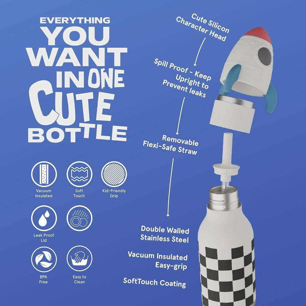 Asobu Bestie Animal Double Wall Stainless Steel Bottle 16oz Rocket Checker, showing removable straw and leak-proof lid.