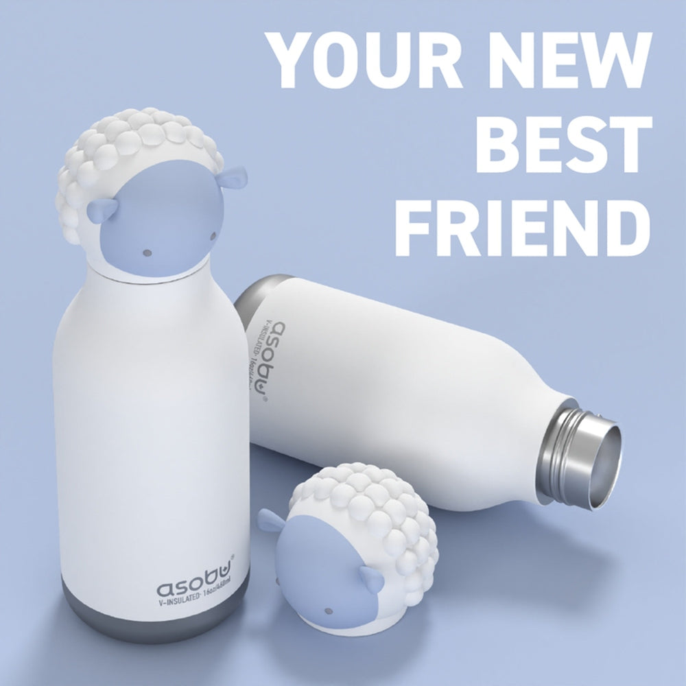 ASOBU Bestie Animal Double Wall Stainless Steel Bottle 16oz Sheep; white insulated bottle with blue sheep head cap shown beside.